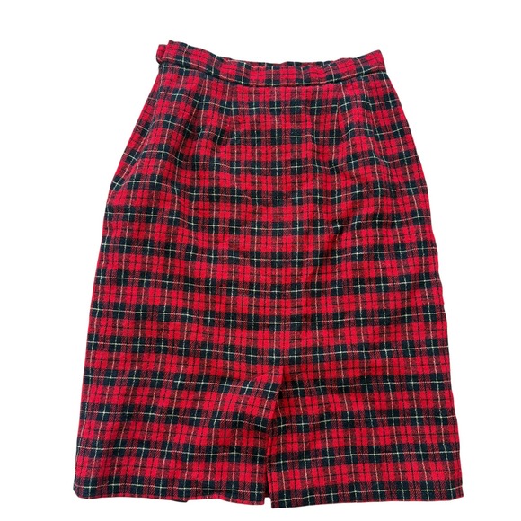 Pendleton Wool Skirt Womens 2P Red Black Plaid Vintage Tartan =Pencil Midi 1980s - Picture 2 of 7